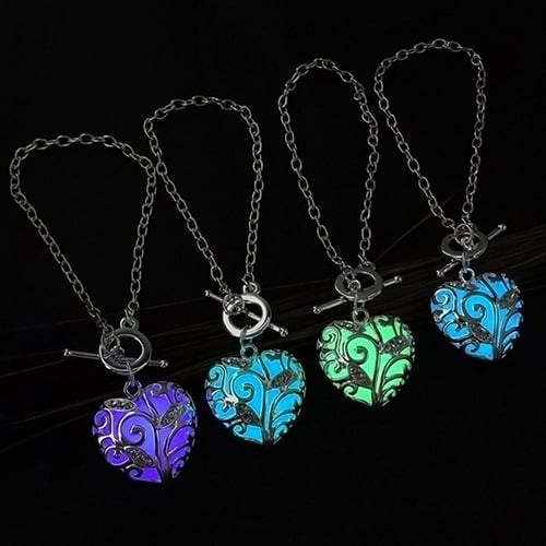 Womens Fashion Glow in the Dark Luminous Hollow Love Heart Pendant Necklace Gift Image 1