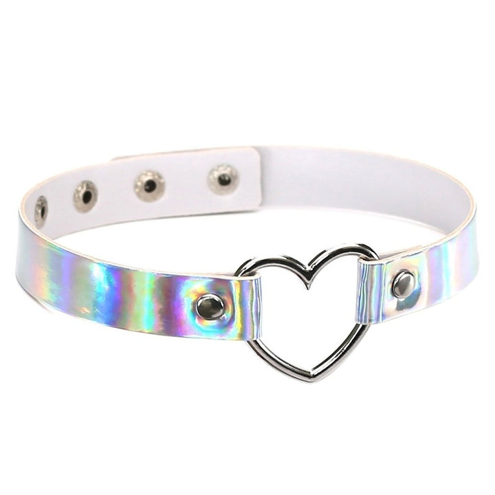 Womens Chic Holographic Metal Open Heart Faux Leather Necklace Choker Gift Image 1