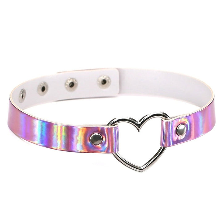 Womens Chic Holographic Metal Open Heart Faux Leather Necklace Choker Gift Image 9