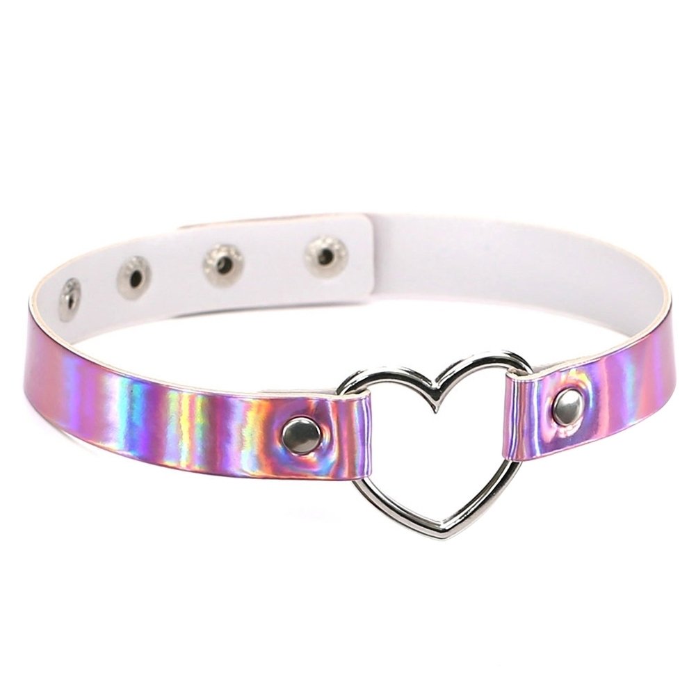 Womens Chic Holographic Metal Open Heart Faux Leather Necklace Choker Gift Image 1