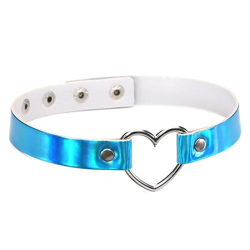 Womens Chic Holographic Metal Open Heart Faux Leather Necklace Choker Gift Image 11