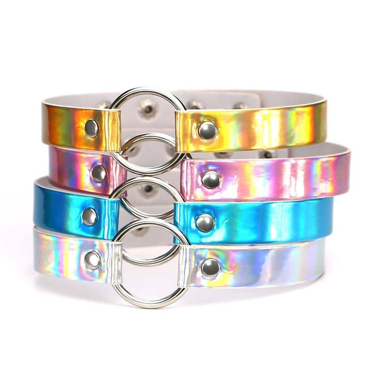 Womens Metallic Holographic Metal O-Ring Faux Leather Chic Choker Necklace Image 2