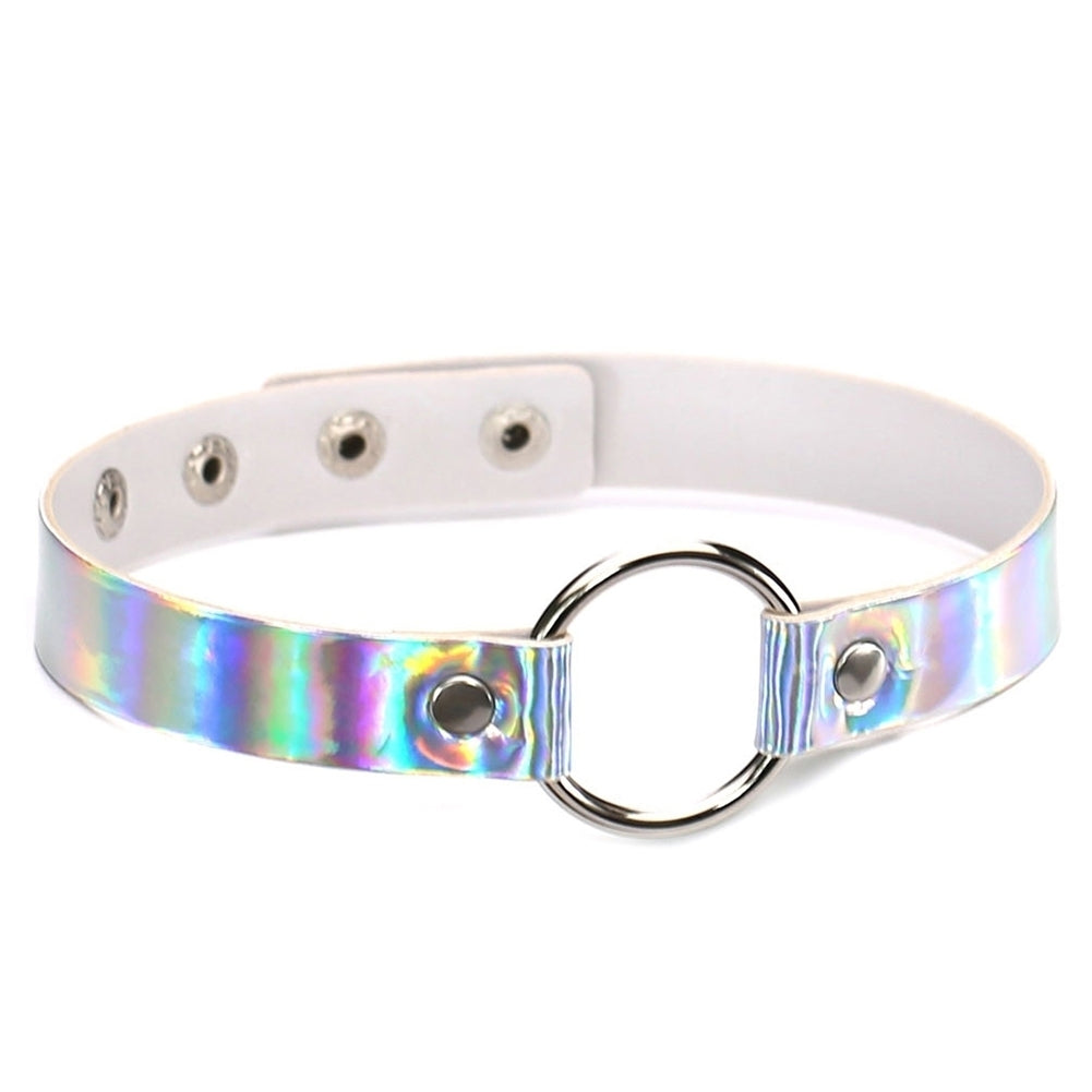 Womens Metallic Holographic Metal O-Ring Faux Leather Chic Choker Necklace Image 4