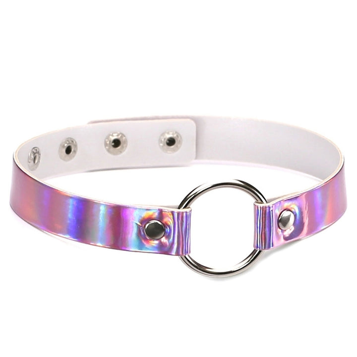 Womens Metallic Holographic Metal O-Ring Faux Leather Chic Choker Necklace Image 6