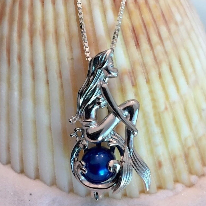 Love Sitting Mermaid Shape Faux Pearl Bead Cage Locket Pendant Necklace Jewelry Image 1