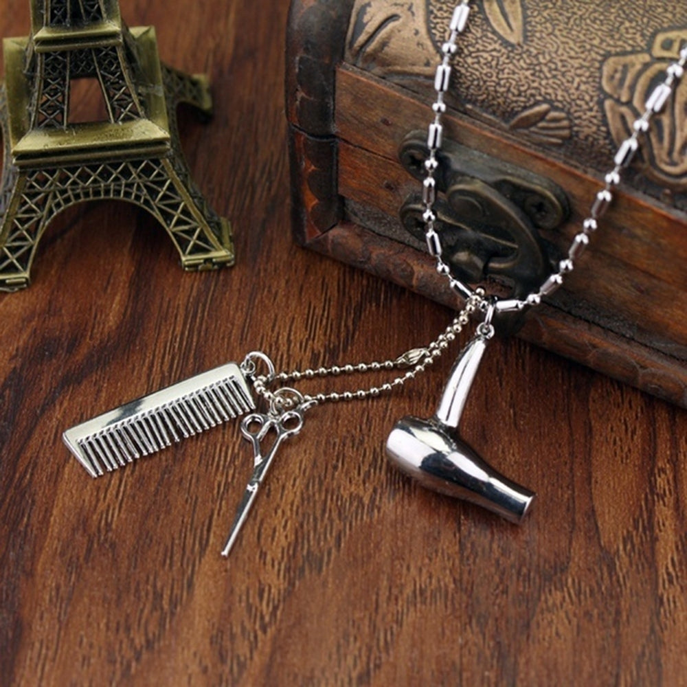 Unisex Hair Dryer Scissors Comb Pendant Chain Necklace Barber Kit Hairdresser Gift Image 2