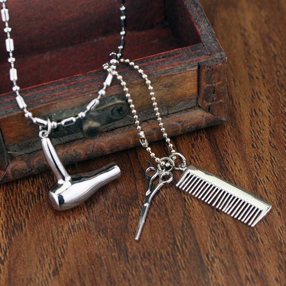 Unisex Hair Dryer Scissors Comb Pendant Chain Necklace Barber Kit Hairdresser Gift Image 3