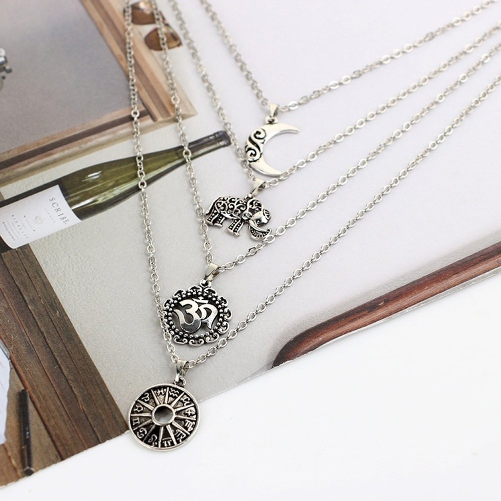 All-match Moon Elephant Pendant Vintage Multilayer Chain Women Necklace Jewelry Image 3