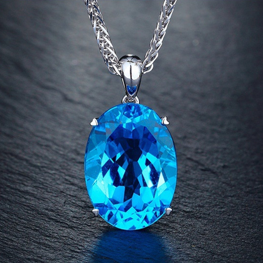 Simple Elegant Women Single Big Blue Rhinestone Pendant Necklace Chain Jewelry Image 1