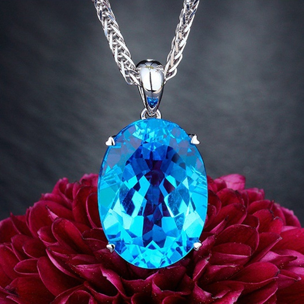 Simple Elegant Women Single Big Blue Rhinestone Pendant Necklace Chain Jewelry Image 2