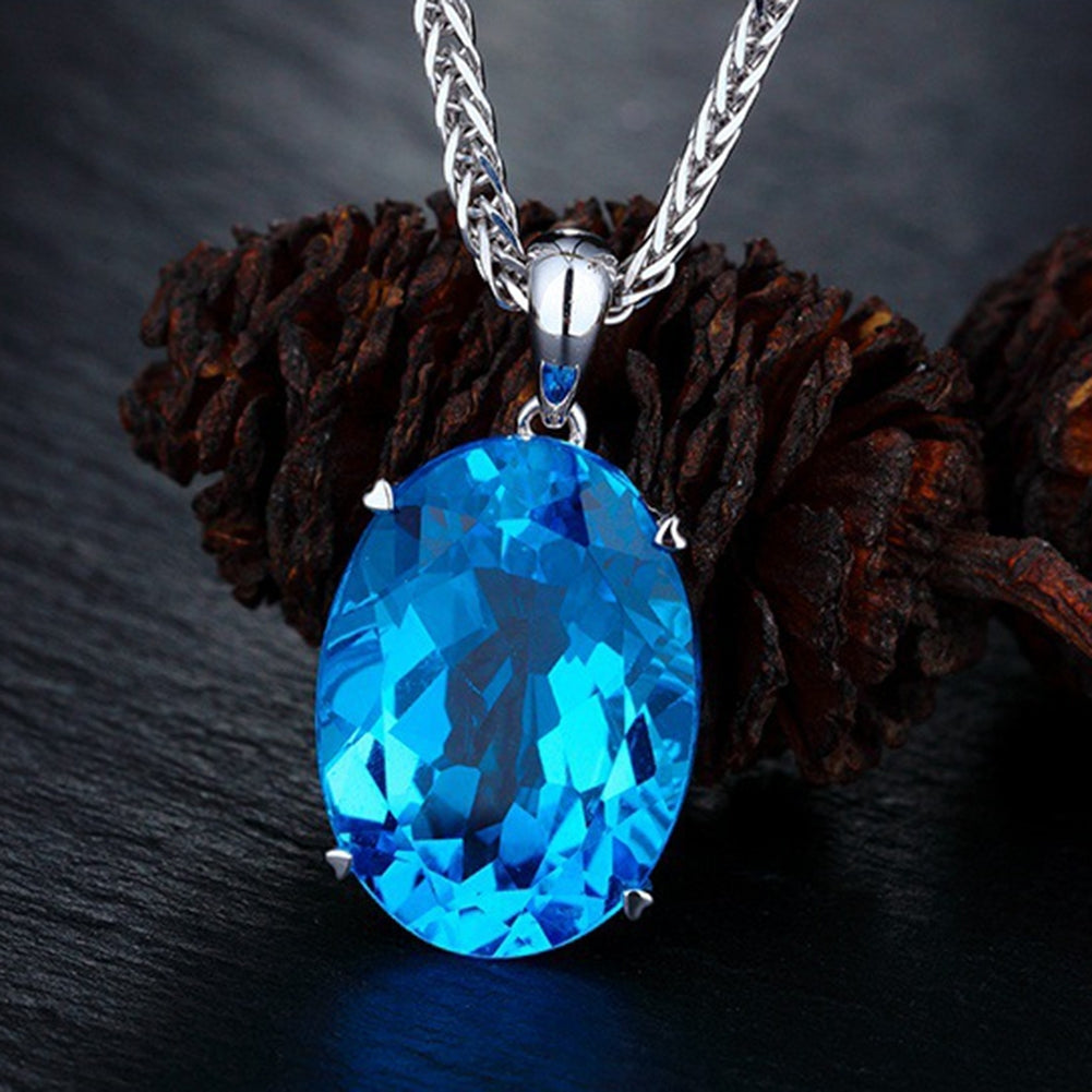 Simple Elegant Women Single Big Blue Rhinestone Pendant Necklace Chain Jewelry Image 3