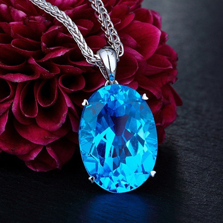 Simple Elegant Women Single Big Blue Rhinestone Pendant Necklace Chain Jewelry Image 4