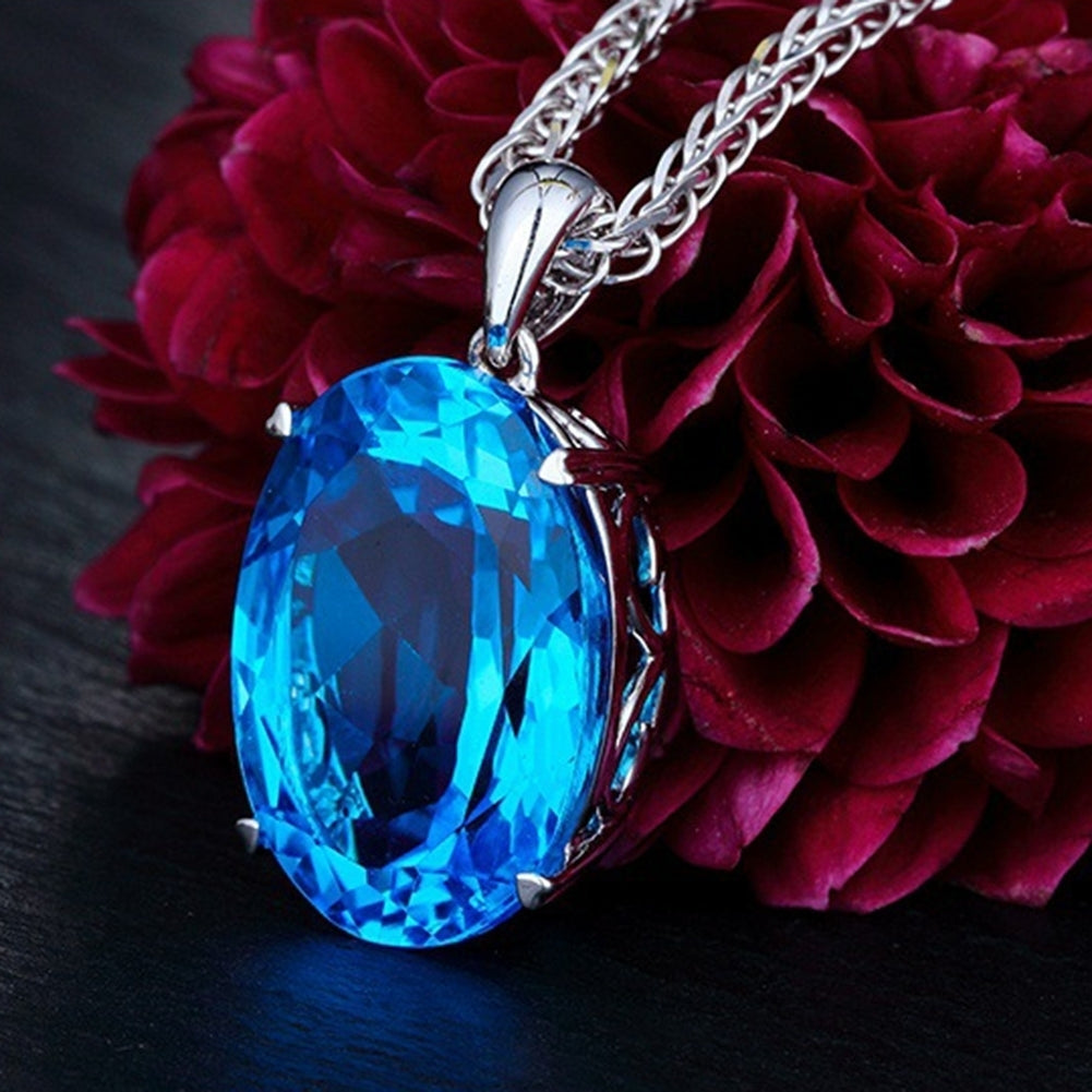 Simple Elegant Women Single Big Blue Rhinestone Pendant Necklace Chain Jewelry Image 4