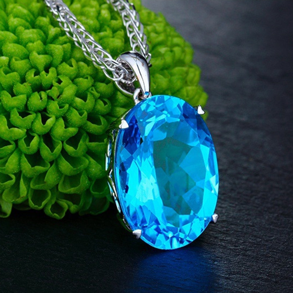 Simple Elegant Women Single Big Blue Rhinestone Pendant Necklace Chain Jewelry Image 6