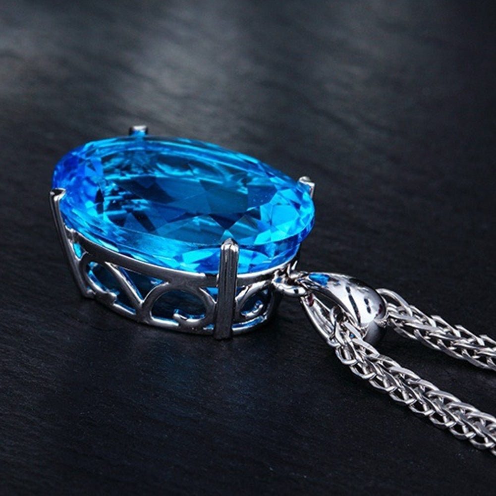 Simple Elegant Women Single Big Blue Rhinestone Pendant Necklace Chain Jewelry Image 10