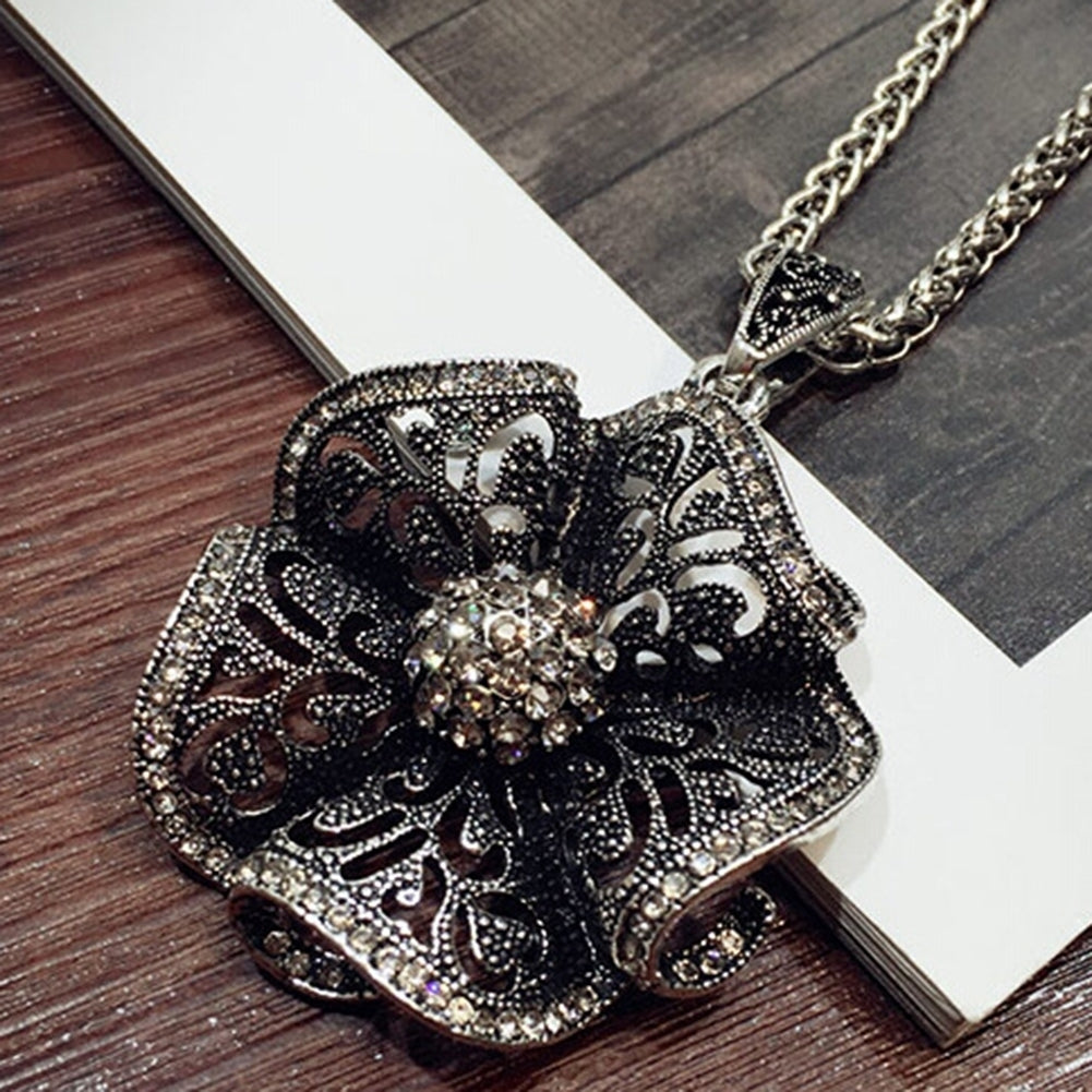 Retro Rhinestone Hollow Flower Pendant Women Necklace Sweater Chain Jewelry Gift Image 3