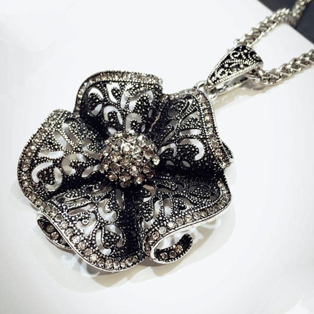 Retro Rhinestone Hollow Flower Pendant Women Necklace Sweater Chain Jewelry Gift Image 4