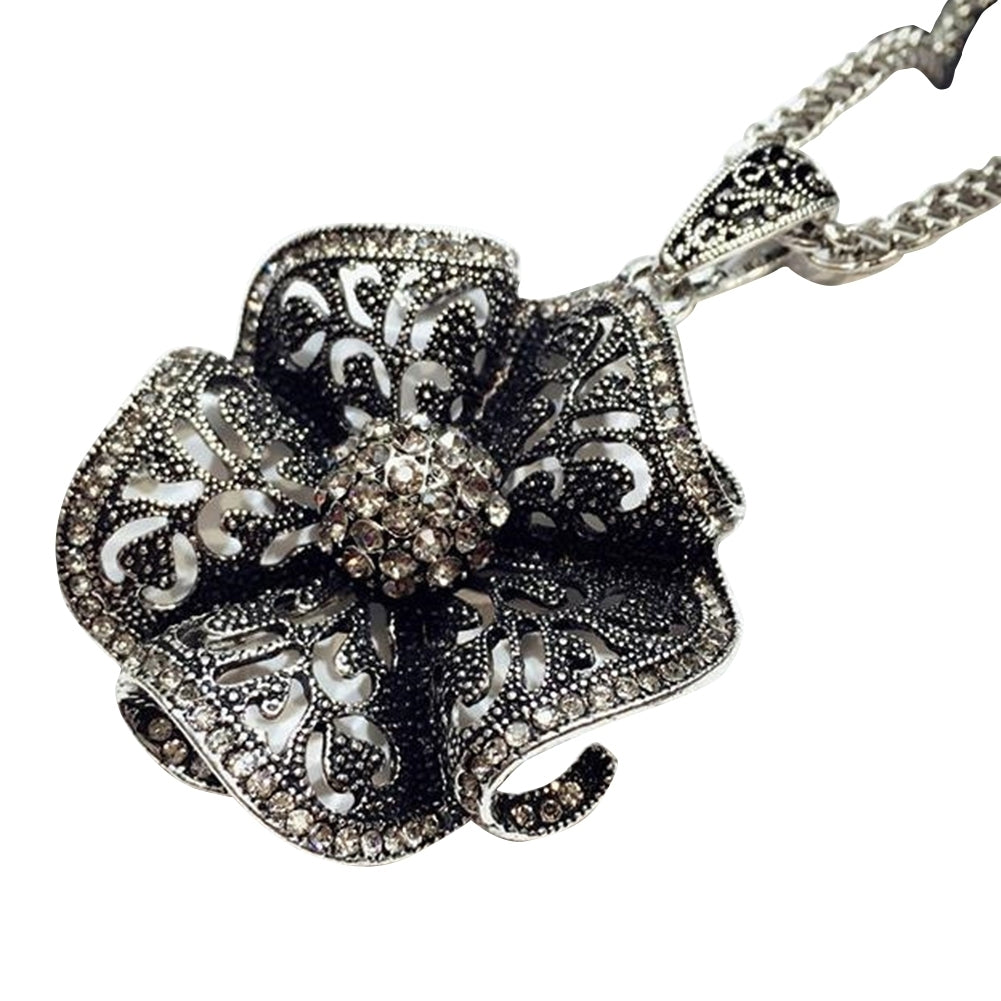 Retro Rhinestone Hollow Flower Pendant Women Necklace Sweater Chain Jewelry Gift Image 4