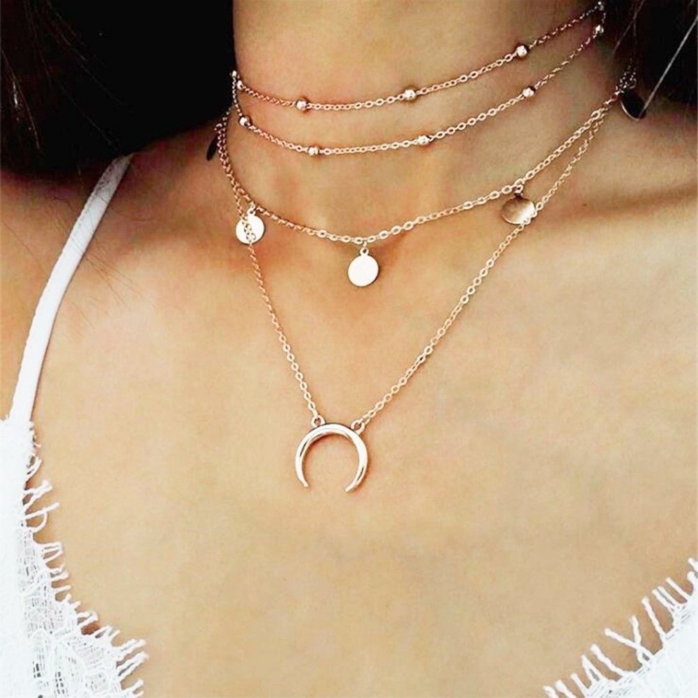 Boho Women Choker Coin Moon Pendant Beaded Multi Layers Necklace Fashion Jewelry Image 1