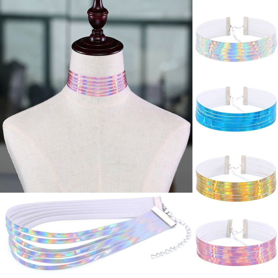 Chic Style Women Multirow 6 Layers Holographic Wide Choker Necklace Club Party Image 1