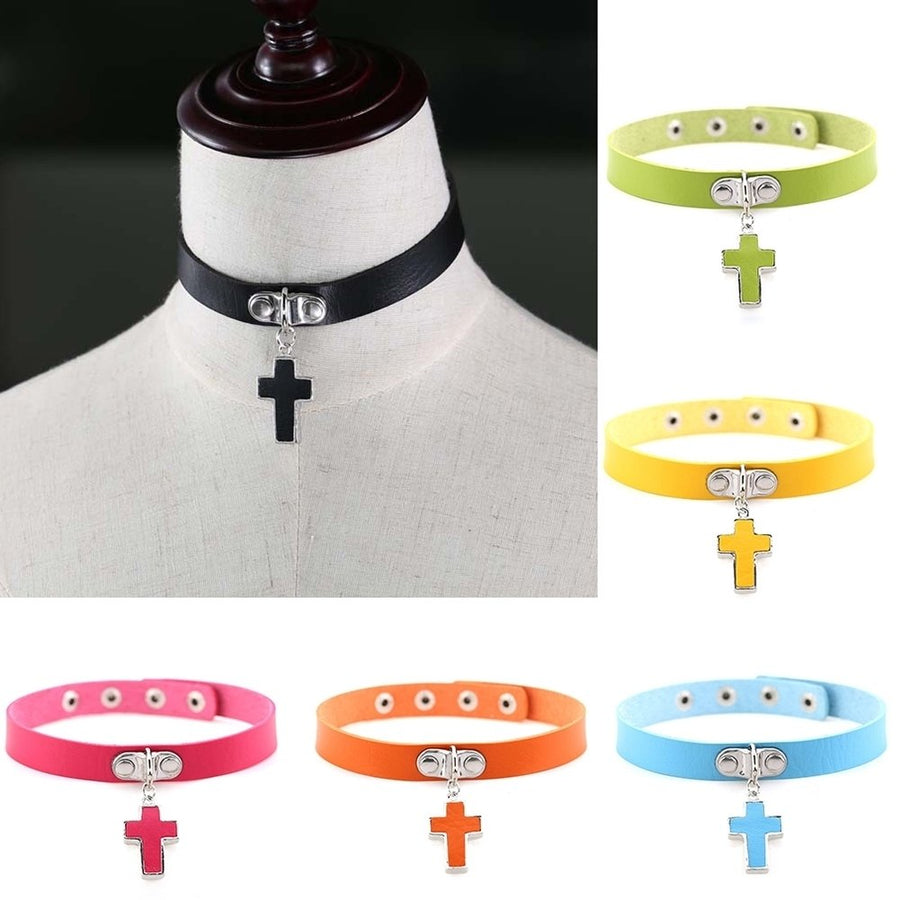 Gothic Cross Pendant Faux Leather Choker Adjustable Women Necklace Gift Jewelry Image 1