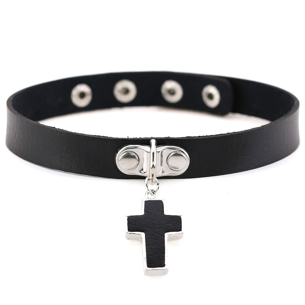 Gothic Cross Pendant Faux Leather Choker Adjustable Women Necklace Gift Jewelry Image 2