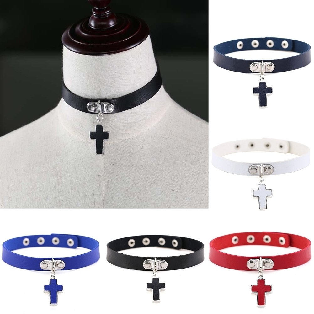 Gothic Cross Pendant Faux Leather Choker Adjustable Women Necklace Gift Jewelry Image 7