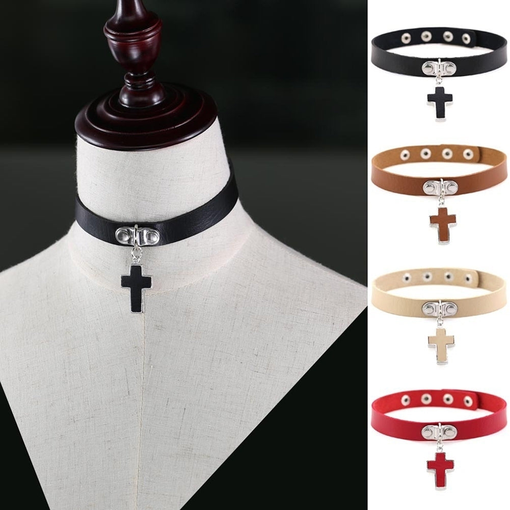 Gothic Cross Pendant Faux Leather Choker Adjustable Women Necklace Gift Jewelry Image 8