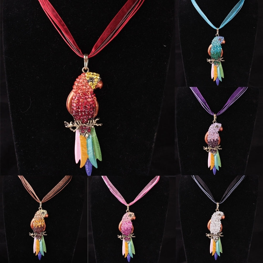 Boho Ribbon Colorful Parrot Feather Rhinestone Lady Sweater Statement Necklace Image 1