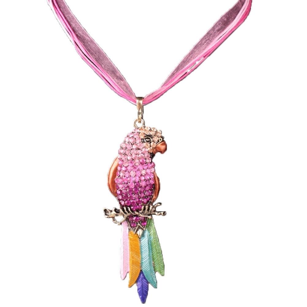 Boho Ribbon Colorful Parrot Feather Rhinestone Lady Sweater Statement Necklace Image 2