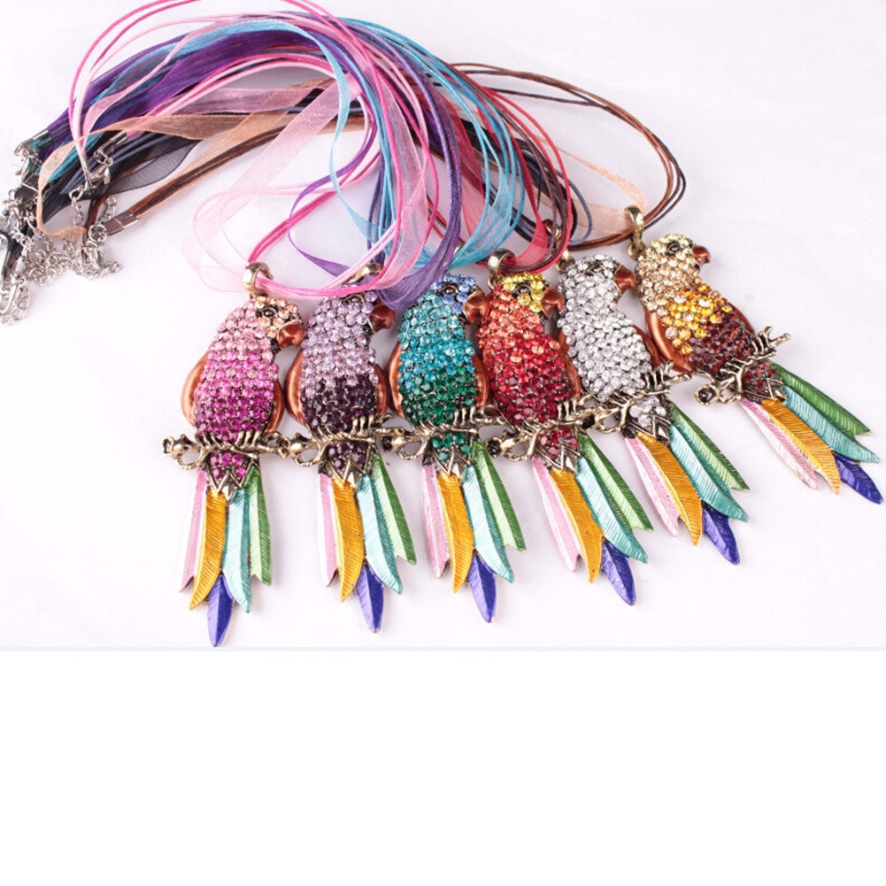 Boho Ribbon Colorful Parrot Feather Rhinestone Lady Sweater Statement Necklace Image 4