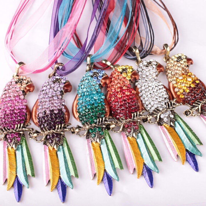 Boho Ribbon Colorful Parrot Feather Rhinestone Lady Sweater Statement Necklace Image 6