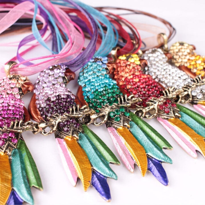 Boho Ribbon Colorful Parrot Feather Rhinestone Lady Sweater Statement Necklace Image 8