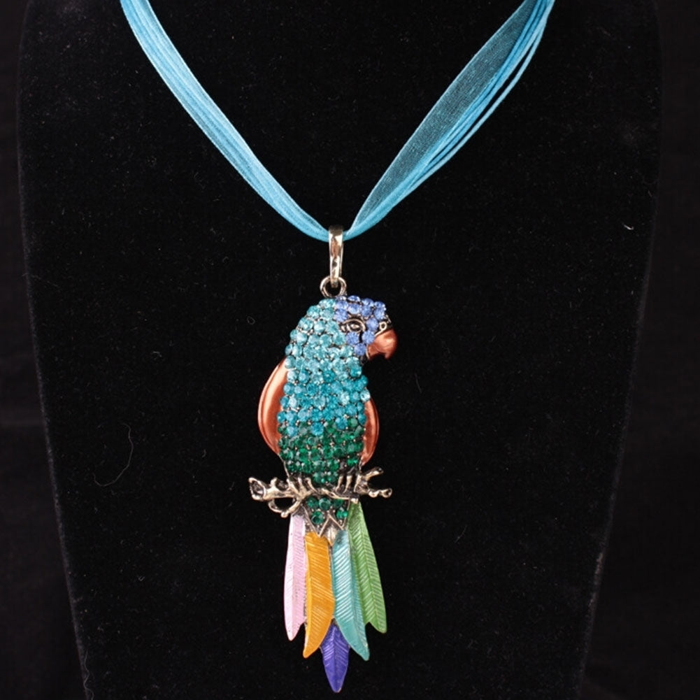 Boho Ribbon Colorful Parrot Feather Rhinestone Lady Sweater Statement Necklace Image 9