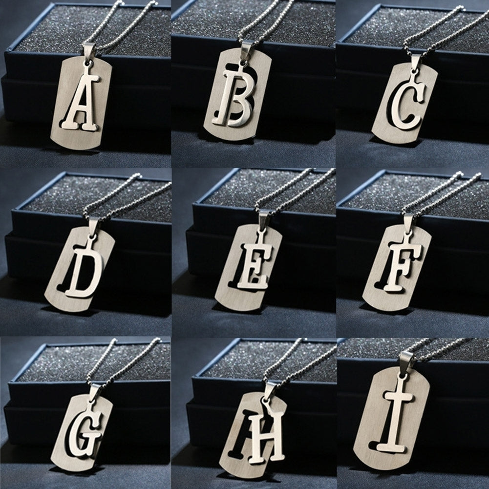 26 Letters Alphabet Dog Tag Pendant Beaded Chain Punk Stainless Steel Necklace Image 1