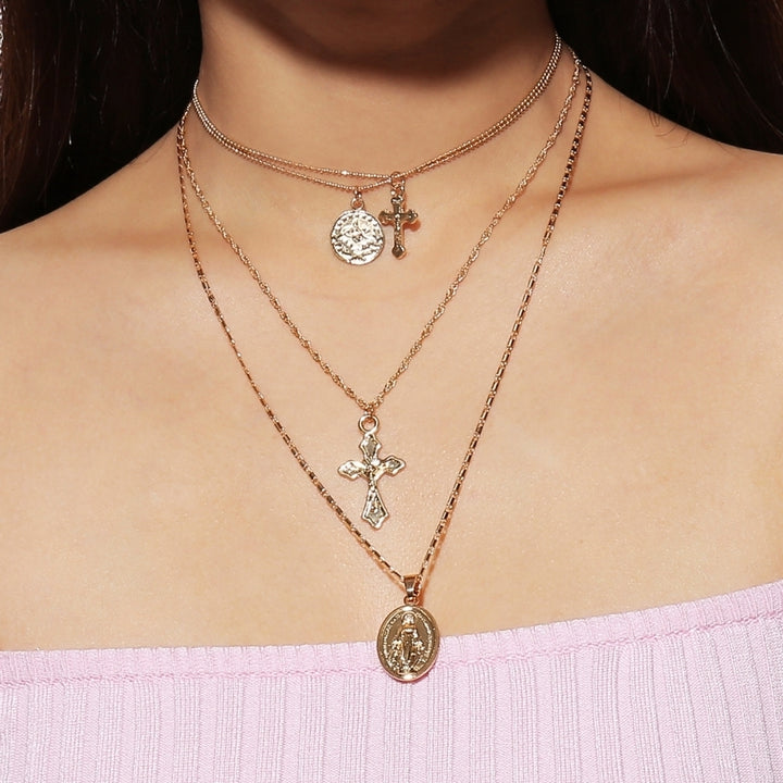 Multi-layer Goddess Cross Pendant Women Alloy Chain Choker Necklace Jewelry Image 4