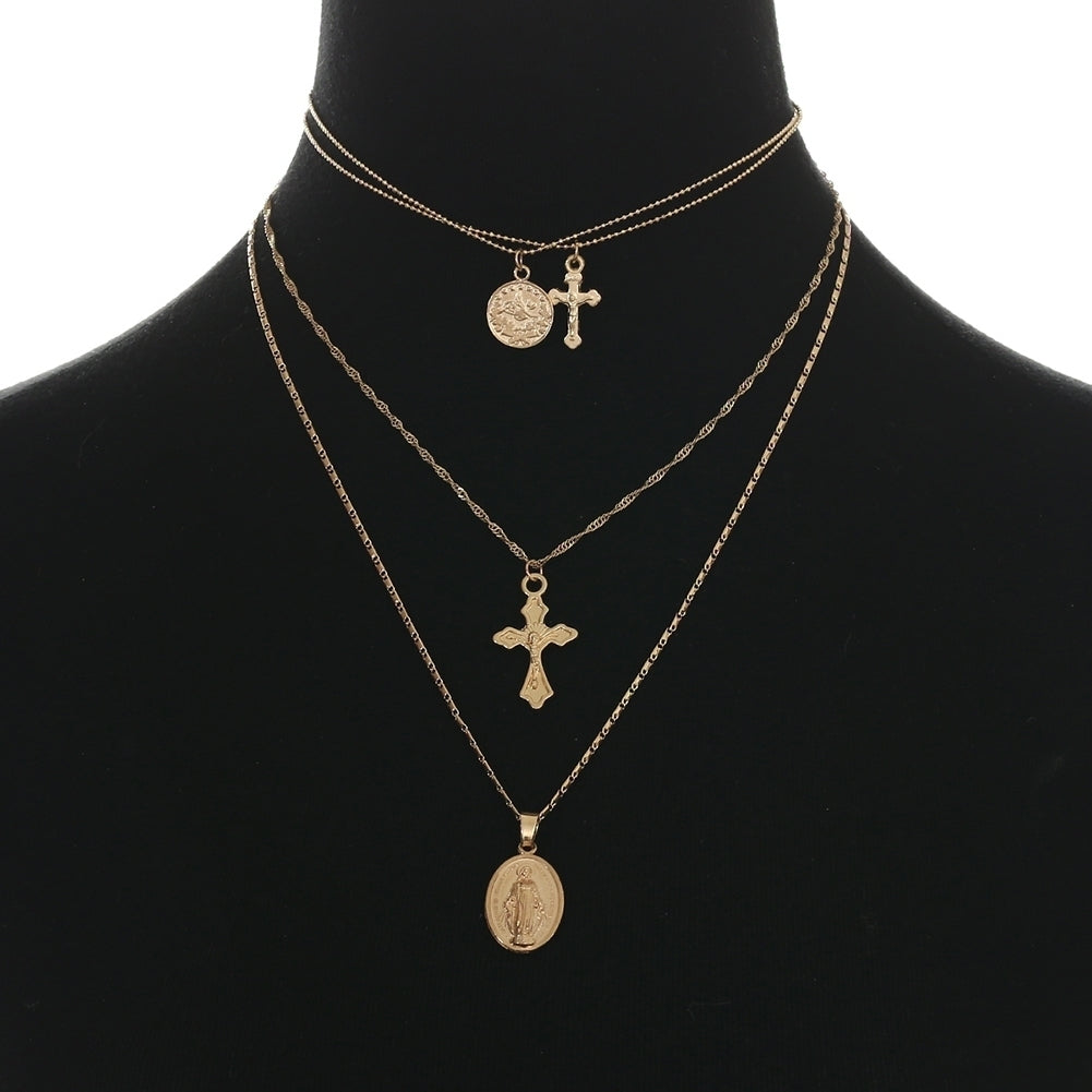 Multi-layer Goddess Cross Pendant Women Alloy Chain Choker Necklace Jewelry Image 7