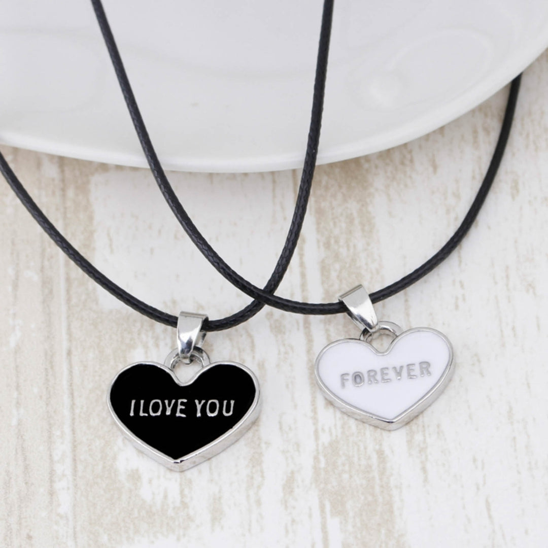 1 Pair Unisex Creative I Love You Forever Letter Black White Heart-Shaped Pendant Couple Necklace Valentines Gift Image 2