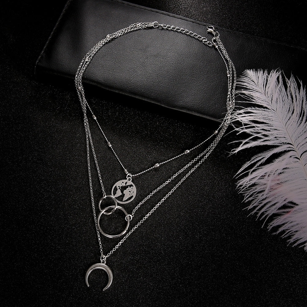 Fashion Multilayer Map Moon Circle Pendant Chain Necklace Women Jewelry Gift Image 3