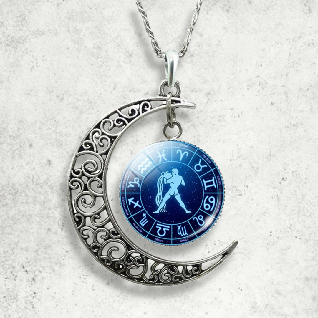 Unisex Faux Gem 12 Constellations Hollow Crescent Moon Chain Necklace Jewelry Gift for Party Image 1