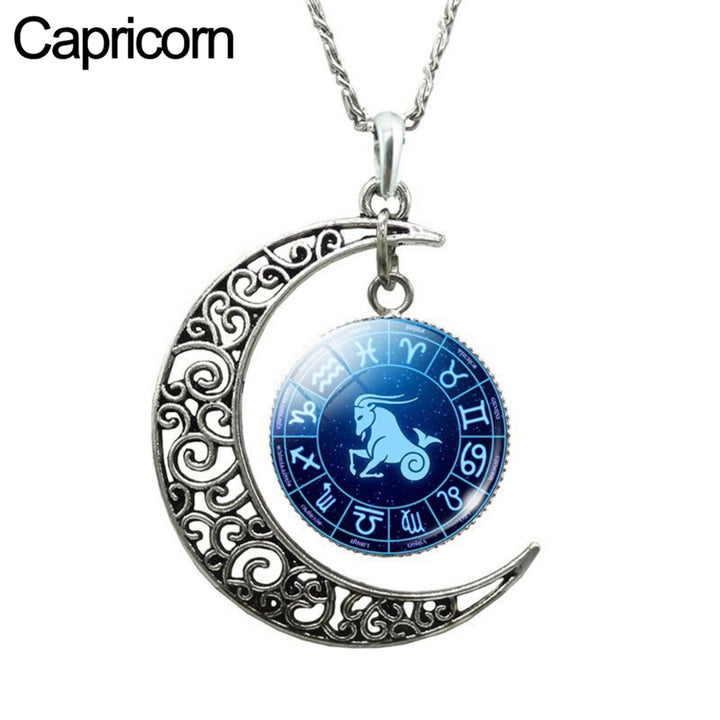 Unisex Faux Gem 12 Constellations Hollow Crescent Moon Chain Necklace Jewelry Gift for Party Image 2