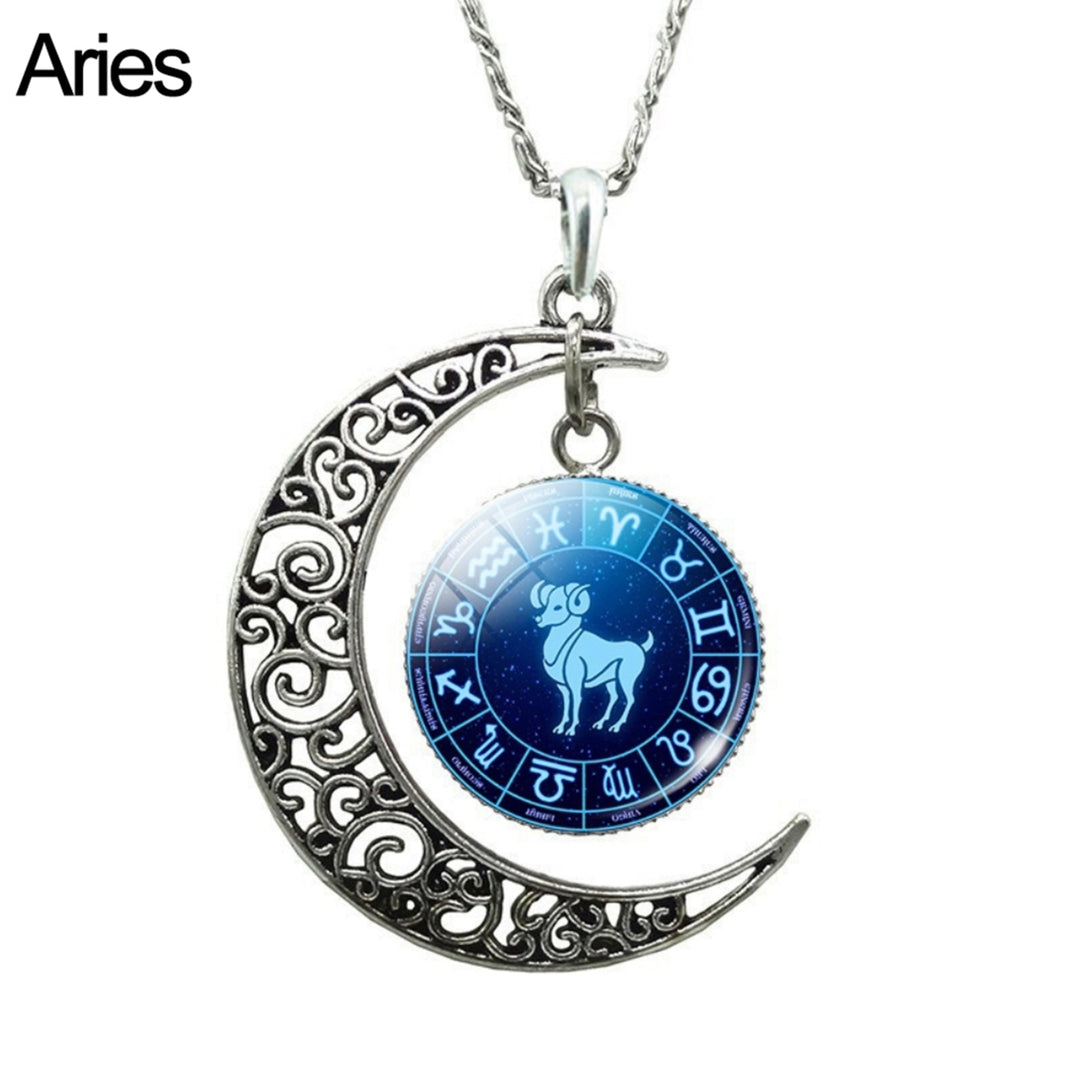 Unisex Faux Gem 12 Constellations Hollow Crescent Moon Chain Necklace Jewelry Gift for Party Image 3