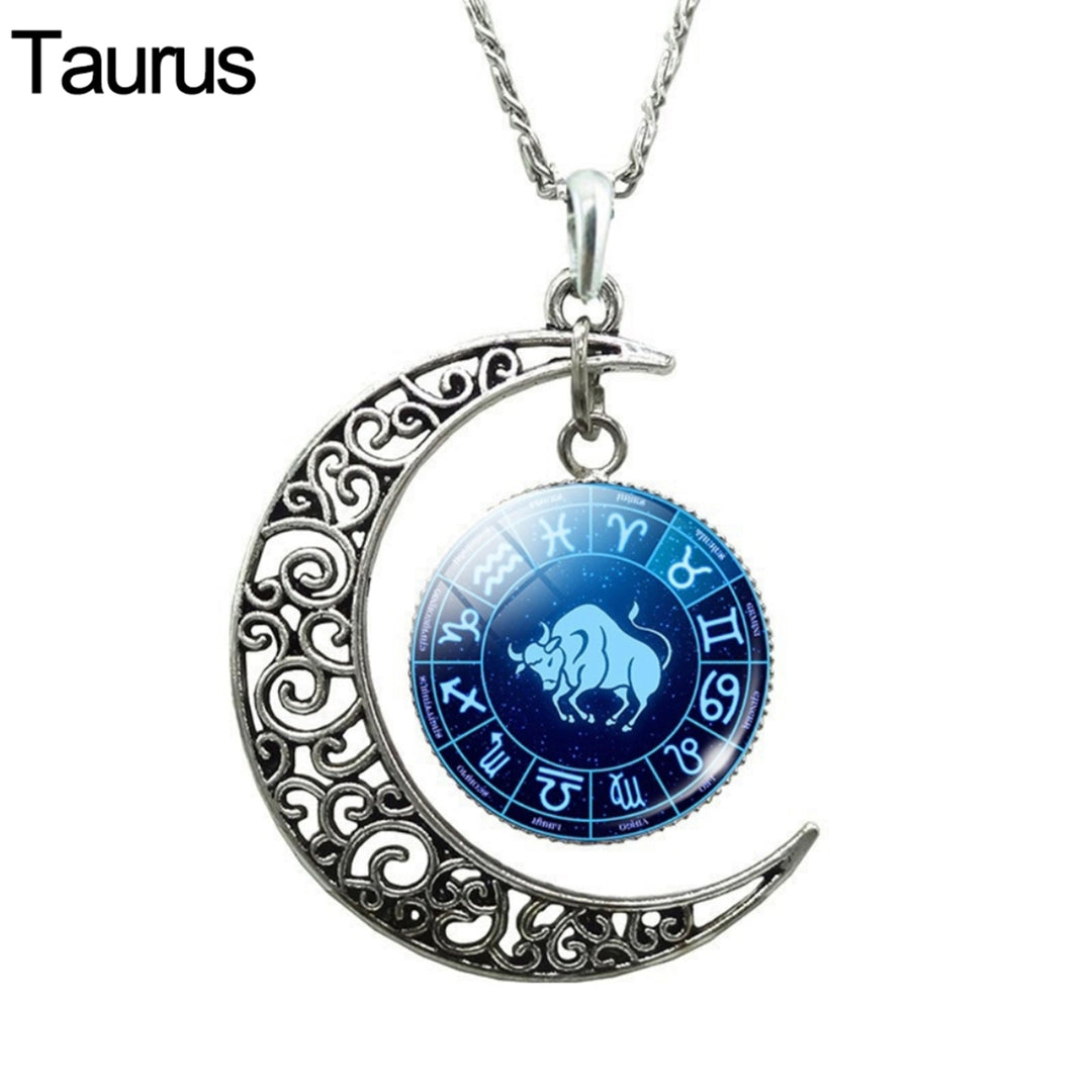 Unisex Faux Gem 12 Constellations Hollow Crescent Moon Chain Necklace Jewelry Gift for Party Image 4