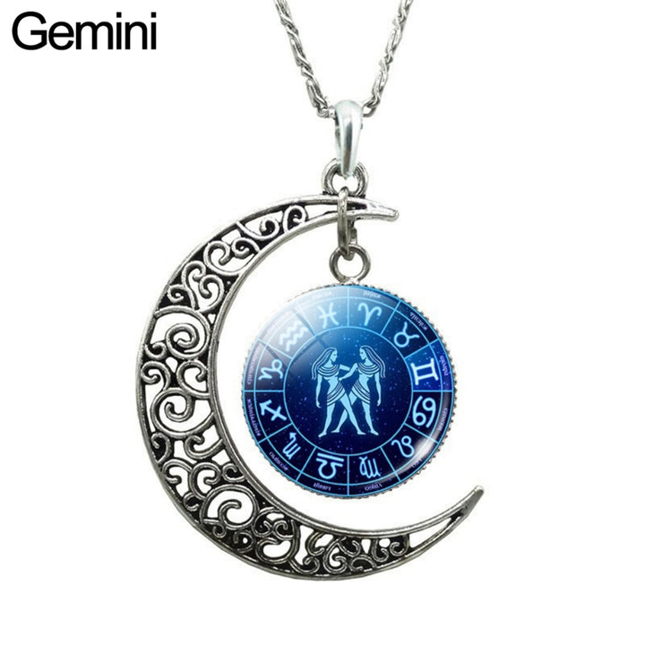 Unisex Faux Gem 12 Constellations Hollow Crescent Moon Chain Necklace Jewelry Gift for Party Image 4