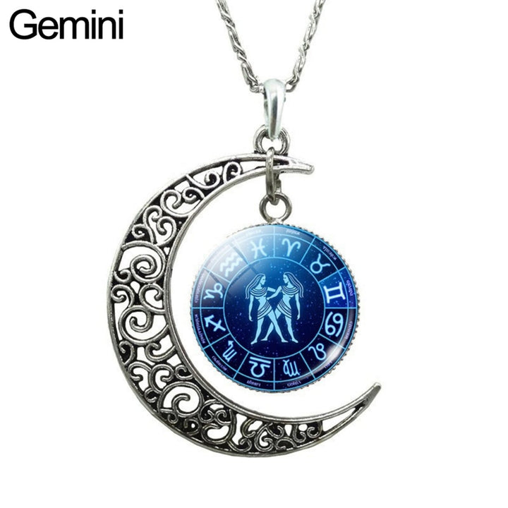 Unisex Faux Gem 12 Constellations Hollow Crescent Moon Chain Necklace Jewelry Gift for Party Image 1