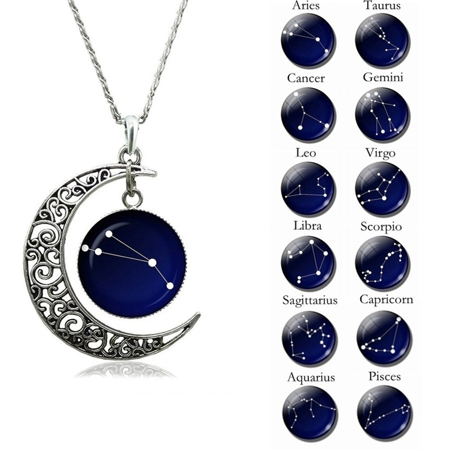 Astrology Astrological Signs Hollow Moon Glass Cabochon Pendant Women Necklace Image 1