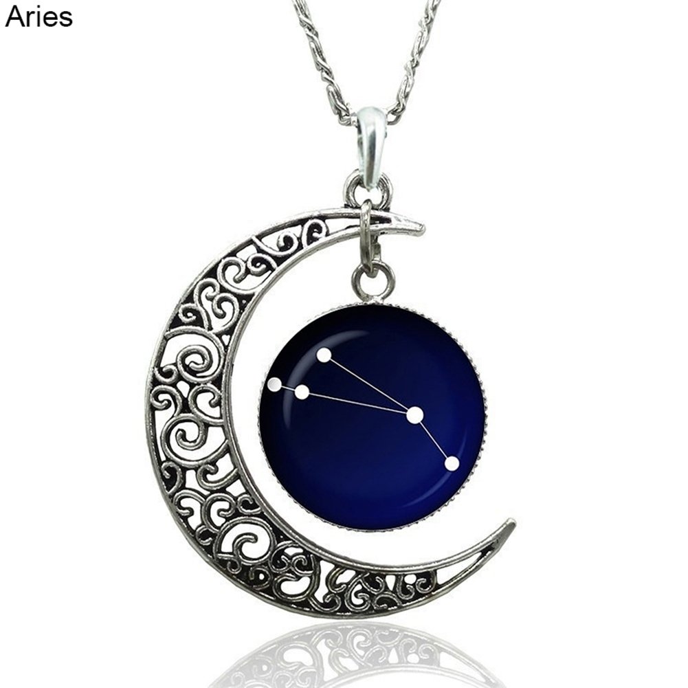 Astrology Astrological Signs Hollow Moon Glass Cabochon Pendant Women Necklace Image 3