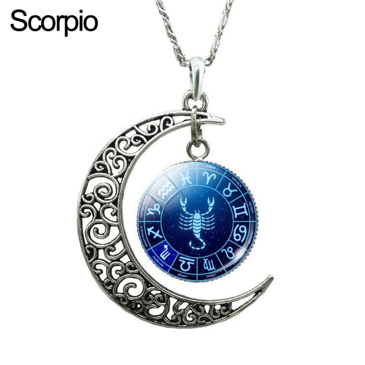 Unisex Faux Gem 12 Constellations Hollow Crescent Moon Chain Necklace Jewelry Gift for Party Image 10