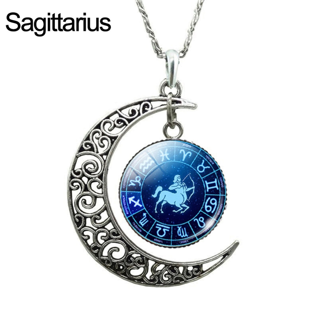 Unisex Faux Gem 12 Constellations Hollow Crescent Moon Chain Necklace Jewelry Gift for Party Image 11