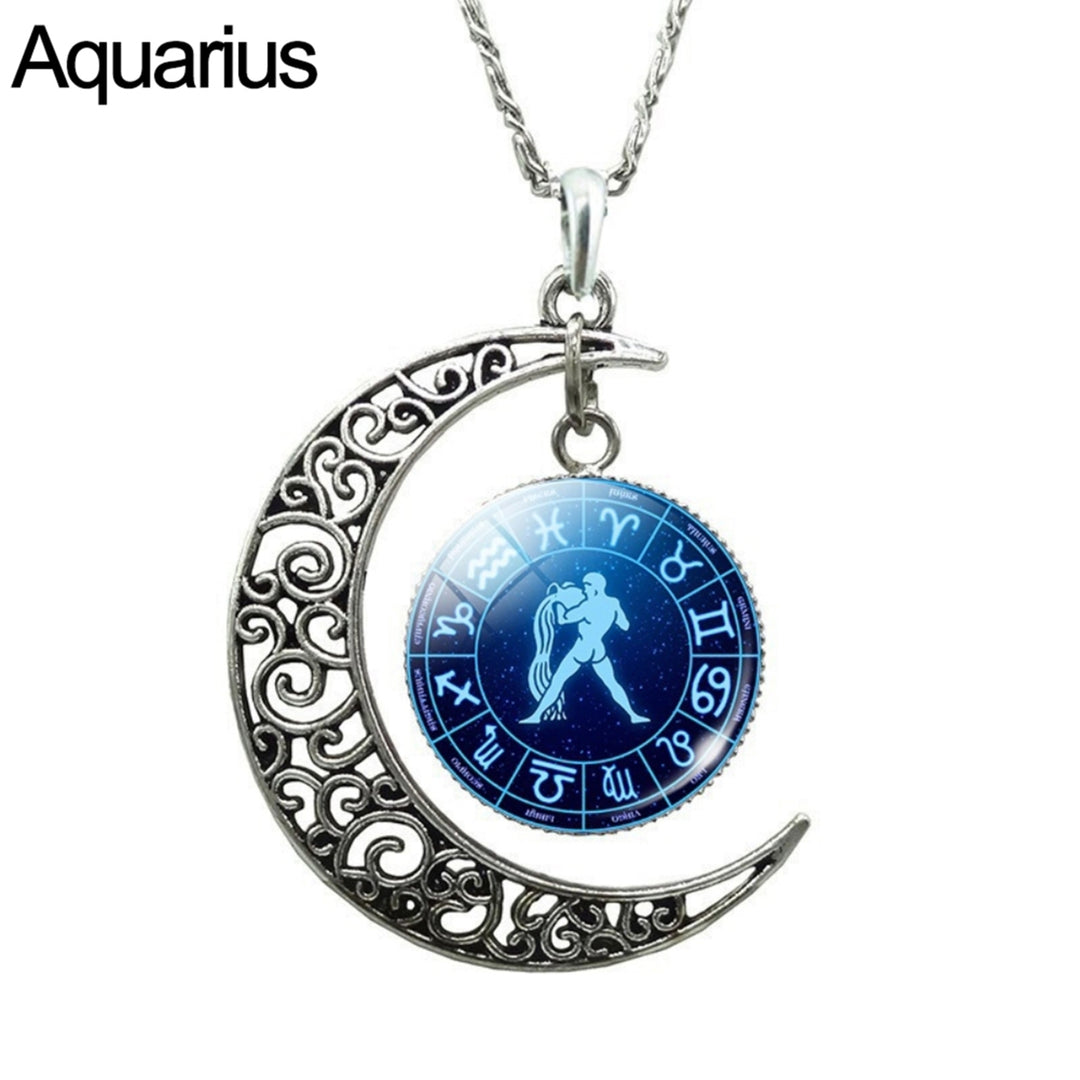 Unisex Faux Gem 12 Constellations Hollow Crescent Moon Chain Necklace Jewelry Gift for Party Image 12